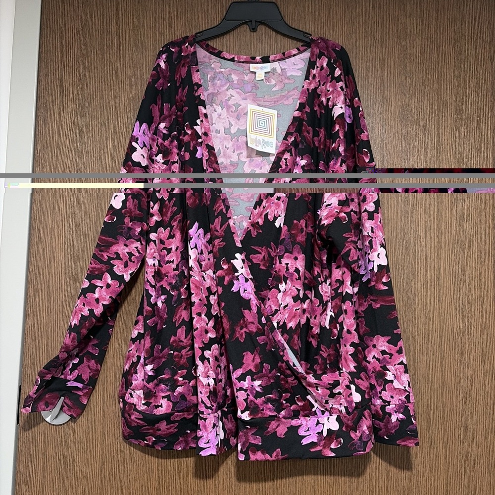 NWT LuLaRoe EXP Rebecca Cross-Front Long Sleeve Top Purple Pink Floral on Black